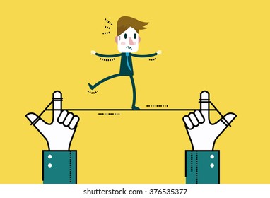Businessman walking on line, control by big hand. business risk concept. flat thin line design elements. vector illustration