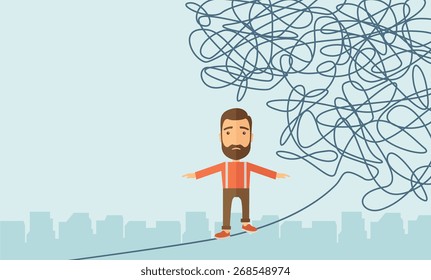 A Businessman walking on a long rope at risk but still very far to reach the goal. Determination concept. A Contemporary style with pastel palette, soft blue tinted background. Vector flat design