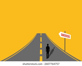 Businessman walking on the main path with signpost to success