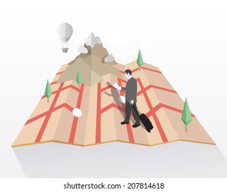 Businessman walking on map pulling suitcase