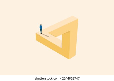 Businessman walking on on Penrose triangle. Symbol of challenge, success, cooperation.