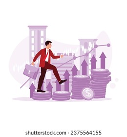 Businessman walking on a pile of coins with a rising financial graph. Investment And Stock Scene concept. Trend Modern vector flat illustration