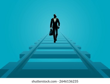 Businessman walking on railway tracks concept for risk taking, walking a fine line, or facing challenges head on in business.