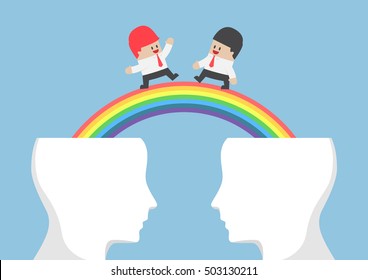 Businessman walking on rainbow from head, teamwork and brainstorm concept