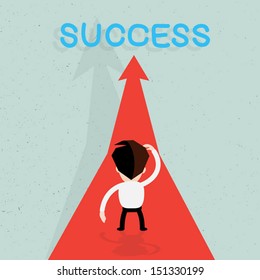 Businessman walking on the red arrow street to success