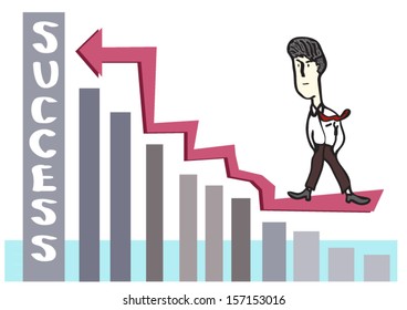 Businessman walking on the red arrow above the bar chart to success