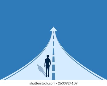 Businessman walking on the road arrow pointing up