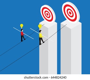 businessman walking on rope with balance stick to target, business risk concept vector illustration