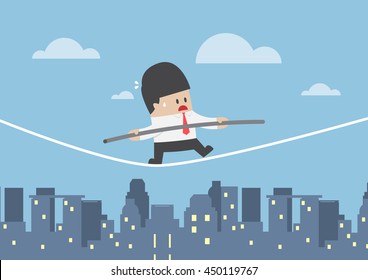 Businessman walking on a rope over the city, business risk concept