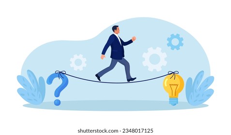 Businessman walking on rope stretched between question mark and light bulb. Finding solutions to problems. Human thoughts process. Problem solving skill, critical thinking. Business innovations