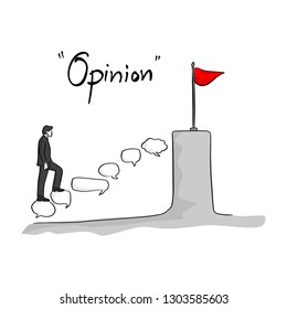 businessman walking on speech bubble of opinion to red flag of success vector illustration. Teamwork business concept.