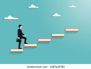 Businessman walking up on stair books. Startup, Leadership, Growth, Achievement, Business concept. Vector illustration flat style