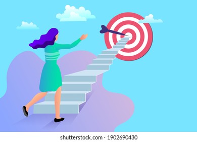 Businessman walking on stair. Graph to success. Business growing. big target with woman, Quality Improvement Concept. Vector flat design.