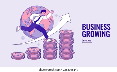 Businessman walking on stair. Graph to success. Man in a suit with a suitcase. Business growing. Savings or income increase, growth. Currency Exchange Service. Vector flat design.