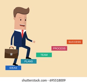 Businessman walking on stair step to success. Staircase to success. Vector Illustration