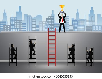 businessman walking up on staircase go to goal . destination, victory  to success concept with idea. leadership concept. Ladder to successfully business. Cartoon vector illustration