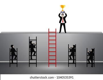 businessman walking up on staircase go to goal . destination, victory  to success concept with idea. leadership concept. Ladder to successfully business. Cartoon vector illustration