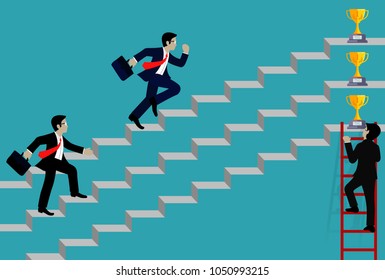 businessman walking up on staircase go to goal . destination, victory  to success concept with idea. leadership. Ladder to successful business. Cartoon vector illustration
