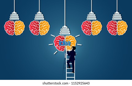 businessman walking up on staircase go to Creative idea brain icon with light bulb. spark success in business inspiration. isolate on blue background. vector illustration