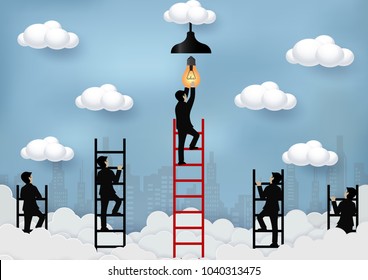 businessman walking up on staircase on sky go to lamp. destination, victory  to success concept with idea light bulb. leadership concept. Ladder to success business. vector illustration