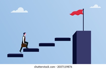 Businessman walking on stairs to flag target symbol illustration, career growth and development