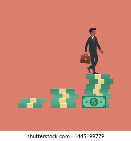 Businessman walking on stairs of money. African american man climbing on piles of banknotes. Business concept of growth, financial success, increasing profit. Flat vector illustration.