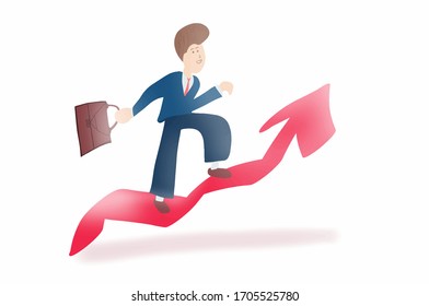 Businessman walking on the stairs, red arrow is rising, red stock goes up, finance starts to decrease, expenses are rising - vector illustration