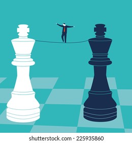 Businessman walking on a tighrope with chess kings. Vector illustration. Created with adobe illustrator.