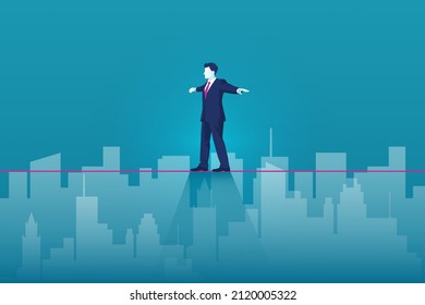 Businessman Walking On Tight Rope. Risk Challenge To Success Background