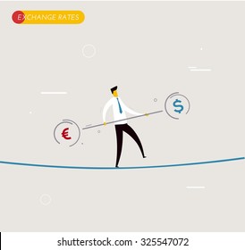 Businessman walking on tightrope balancing. Exchange Rates. Balance. Vector eps10