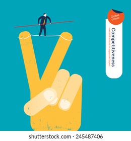 Businessman walking on a tightrope on a peace hand. Vector illustration Eps10 file. Global colors. Text and Texture in separate layers.