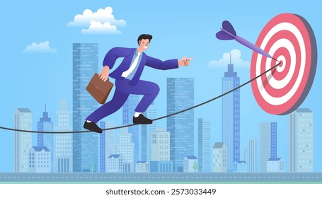 A businessman walking on a tightrope stretched between skyscrapers, heading toward a glowing target, symbol risk-taking, balance, and achievement business goals. Vector, Flat design and illustration.