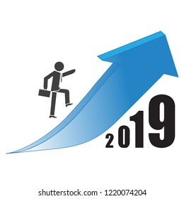 Businessman walking on trend up arrow of 2019 success plan, growing arrow graph