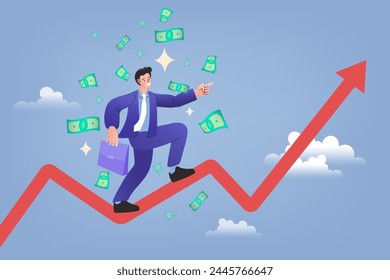 Hombre de negocios caminando en la gráfica ascendente. Paso a paso en la escalera hacia el éxito. Renta pasiva e inversión en bolsa. Expertos en finanzas. Análisis de datos. Ilustración vectorial.