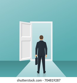 Businessman walking to opened door. Standing before the opening. Vector illustration flat design. Isolated on background. Business concept. Creative people.