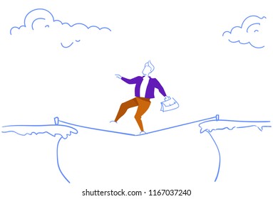 Businessman walking over cliff gap mountain abyss business man balancing rope risk concept doodle sketch horizontal vector illustration