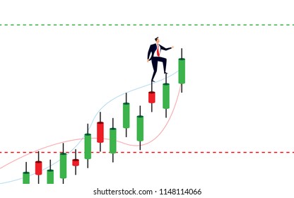 Businessman walking over the japanese candles. In the direction of obtaining profits.