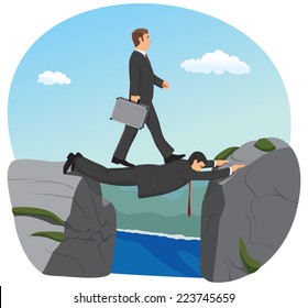 Businessman is walking over the precipice. His partner is stretched between stones and making a bridge.