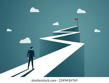 Businessman walking path to target success concept. achievement, red flag, goal, Ambition compettition success. in the way. flag on top, business leadership. vector illustration. 