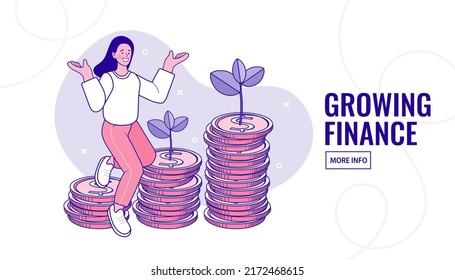 A businessman walking up a pile of coins into a graph The top is a tree. concept of money and business growth. design vector outline illustration.