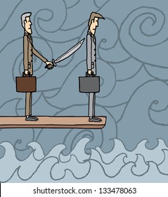 Businessman walking the plank