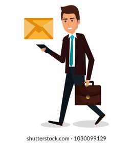 businessman walking with portfolio and envelope