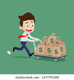 Businessman walking and pushing the trolley filled with money bags, Cartoon vector illustration