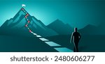 businessman walking route for growth journey concept vector illustration of a mountain with path and a flag at the top, route to mountain peak, business journey and planning concept.