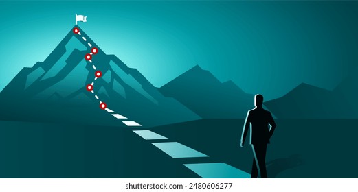 businessman walking route for growth journey concept vector illustration of a mountain with path and a flag at the top, route to mountain peak, business journey and planning concept.