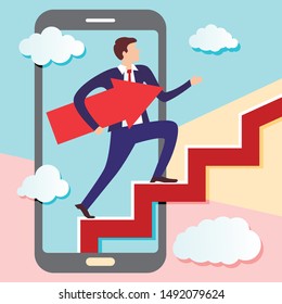 Businessman is walking from screen of smart phone up stairs with arrow pointing along his path under his arm. Concept of charismatic digital marketer going to his intended goal.