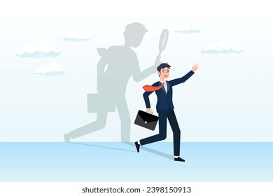 Businessman walking with shadow using magnifying glass to analyse himself, self assessment or self analysis process to know yourself and discover plan or goal for living or work and career (Vector)