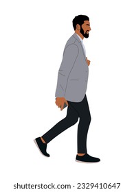 Businessman walking side view. Handsome bearded man wearing formal office outfit. Vector realistic illustration isolated on white background