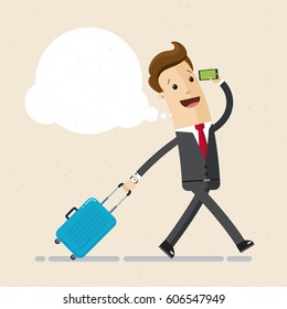 Businessman walking with small hand baggage and talking on the phone. Vector, illustration, flat