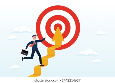 Businessman walking up stair with arrow as path to reach goal, reach target or progress to reach goal, career step to success, achievement or growth, challenge and motivation to succeed (Vector)